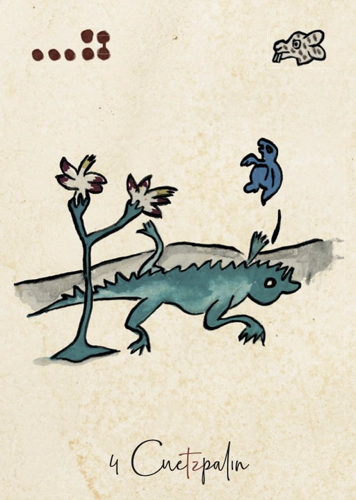 Carte Cuetzpalin, quatrième signe du Tonalpohualli dans le calendrier aztèque