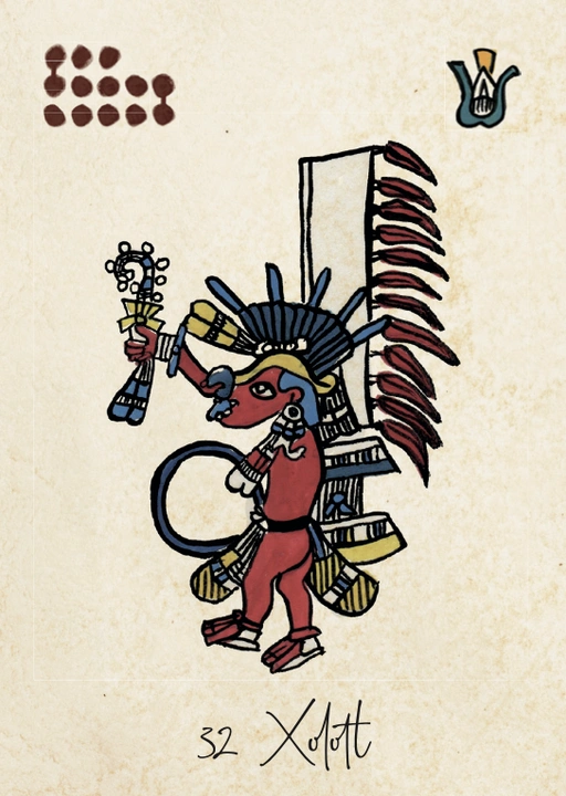 Carte Xolotl, divinité associée aux passages, aux métamorphoses et au monde souterrain dans la Tonalpedia