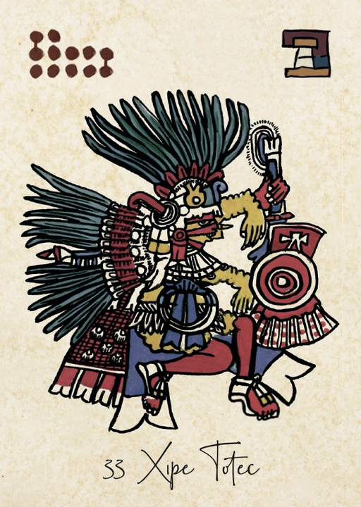 Carte Xipe Totec, divinité du renouveau, de la mue et de la régénération dans la Tonalpedia