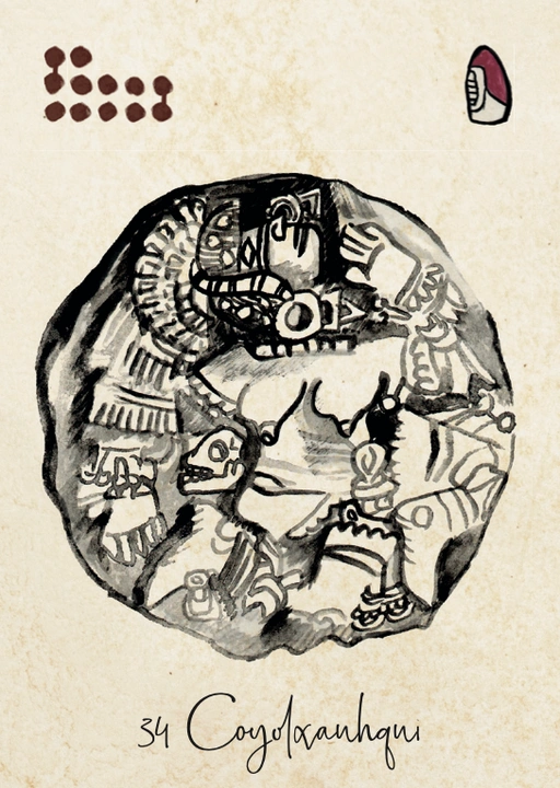 Carte Coyolxauhqui, déesse lunaire démembrée et figure cosmique du panthéon mexica dans la Tonalpedia